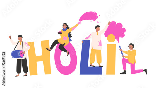 Vibrant celebration of Holi festival with people throwing colored powders, surrounded by dynamic illustrations, showcasing joy, unity, and cultural heritage.