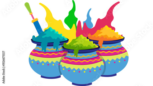 Vibrant colored powders bursting from decorated pots in a lively Holi celebration scene viewed from the front