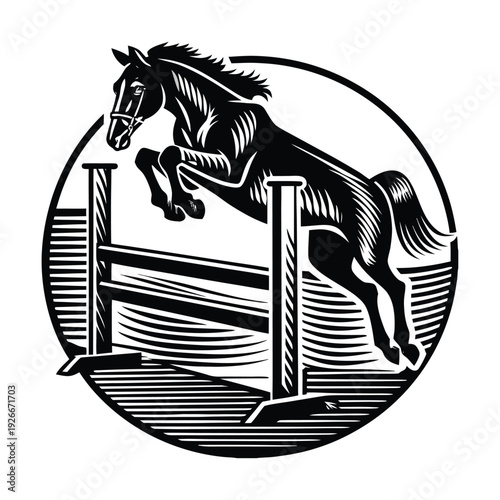 Black and white horse jumping illustration vector