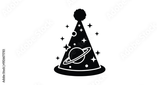 Festive party hat with planets and stars a dark silhouette