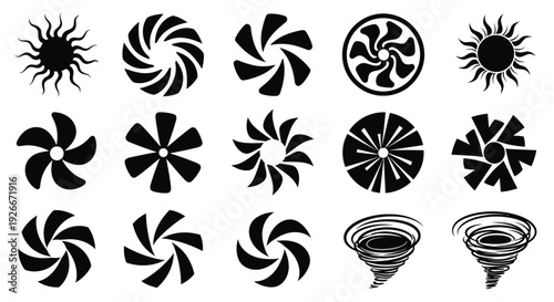 Collection of swirling shapes and sunbursts in black a graphic silhouette