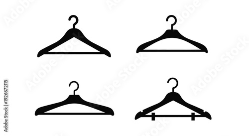 Four black coat hangers displayed against a plain white background silhouette