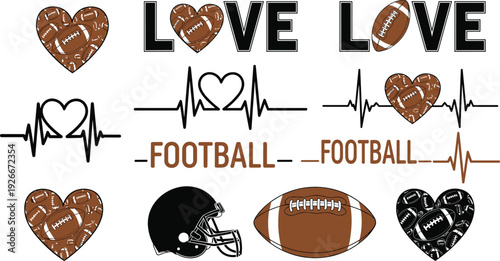  Love football typography set with heart shapes, American football elements and heartbeat line, sports fan vector illustration collection design