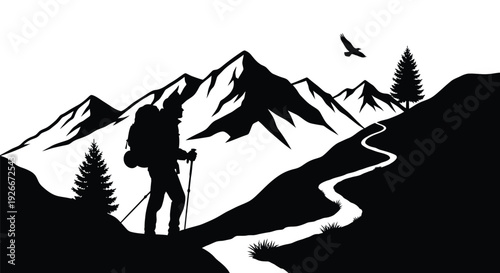 Hiker with backpack traverses mountainous landscape dramatic black silhouette
