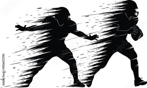  American football action silhouettes with speed effect, running player and defender motion streak style, dynamic sports vector illustration for competition design