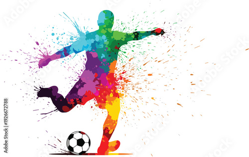  Colorful soccer player paint splash illustration, dynamic football kick action silhouette, vibrant abstract sports vector design for tournament, energy, and competition