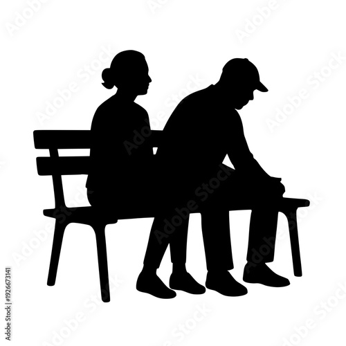 Minimalist Silhouette of Lonely Senior Couple Sitting on Bench