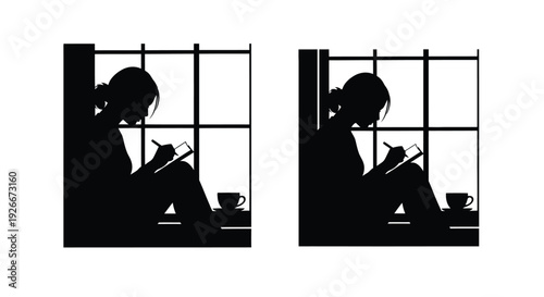 Woman writing by a window two identical views black silhouette