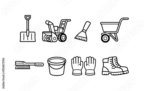 Snow removal tools: snow shovel, snow blower, ice scraper, salt spreader, snow brush, bucket, work gloves, safety boots