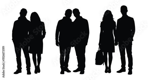 Four figures standing together depicted in a dark striking silhouette