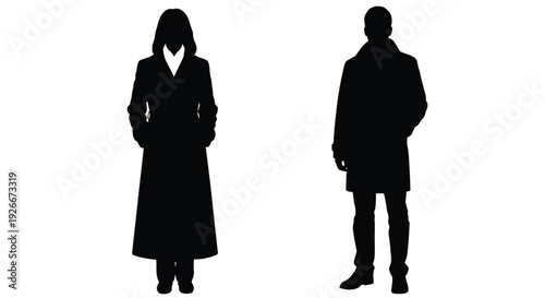 Two figures in coats stand facing forward depicted as a silhouette