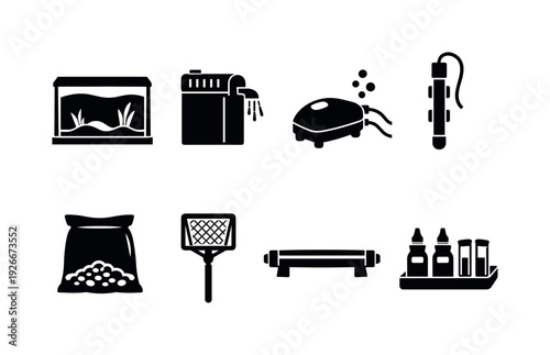 Aquarium equipment: fish tank, aquarium filter, air pump, heater, gravel bag, fish net, aquarium light, water test kit