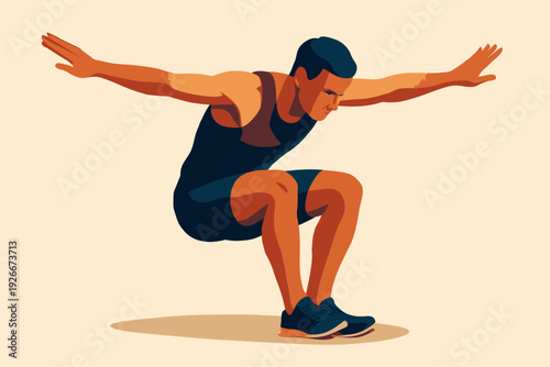 Athlete in MidAir Dynamic Squat Jump Illustration.
