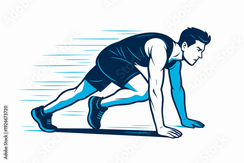 Athlete in Starting Position Ready for Sprint Vector Illustration.