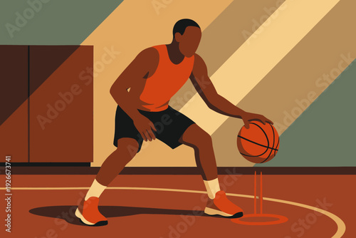 Basketball Player Dribbling with Focus and Determination on the Court.