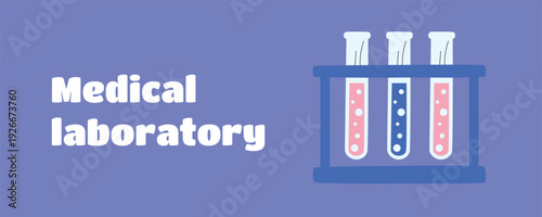 Medical Laboratory Science Banner with Colorful Laboratory Flasks and Glassware, Chemistry Research Concept