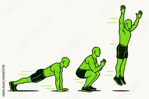 Burpee Exercise Sequence Plank Squat Jump Full Body Workout.