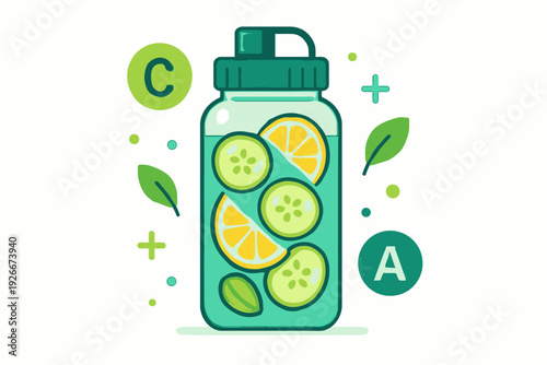 Infused Water Bottle with Cucumber and Lemon Slices.