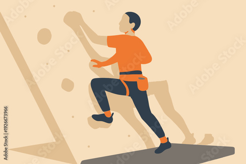 Man Climbing Indoor Rock Wall with Harness and Shoes.