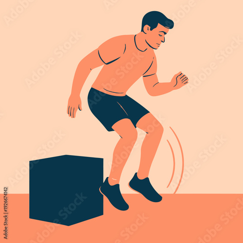 Man Performing Box Jump Exercise for Fitness Training.