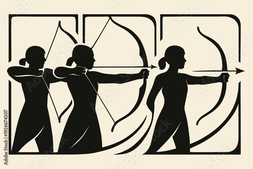 Silhouette Archers Aiming with Bows and Arrows in Formation.