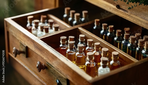 Glass vials filled with herbal extracts placed in a wooden drawer of an apothecary cabinet 4