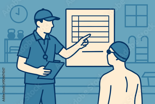 Swim Coach Explaining Training Plan to Swimmer at Poolside.