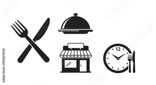 Restaurant icons depicting dining time and a food stall silhouette