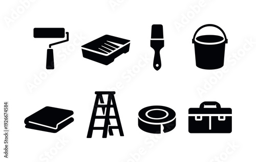 Home fence painting supplies: paint roller, paint tray, paint brush, paint bucket, drop cloth, ladder, masking tape roll, tool bag