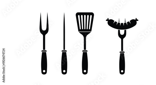 Barbecue tools and sausage depicted in a striking black silhouette