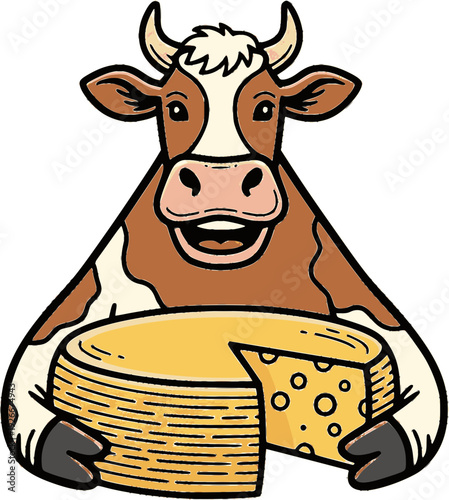 Smiling cartoon cow holding a large round cheese wheel. Ideal for dairy branding, cheese product packaging, food labels, and fun mascot illustrations for farm or gourmet themes
