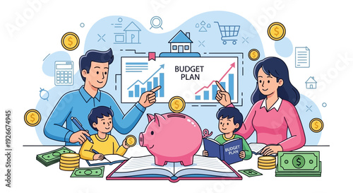 Family budgeting plan with piggy bank and financial growth chart