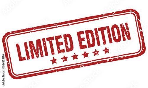 Red "Limited Edition" rubber stamp with five stars on a white background. Rectangular distressed grunge seal for premium quality, exclusive offers, and marketing labels. Isolated vector sign.