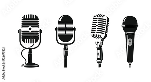Vintage microphone collection in a striking black silhouette