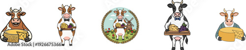 Set of 5 cartoon cows holding cheese in various styles and poses. Perfect for cheese branding, gourmet food packaging, dairy promotions, farm logos, and children’s educational content
