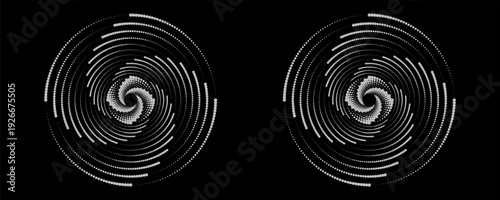 White dots forming a hypnotic spiral vortex pattern on a black background; abstract halftone tunnel