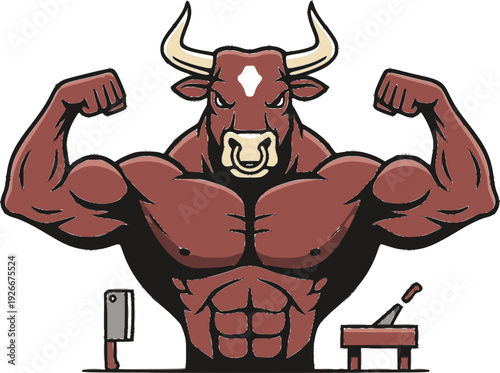 Muscular bodybuilder bull mascot vector. Strong bull character flexing muscles for butchery logo, fitness gym supplement branding, and steakhouse mascot. Isolated cattle with butcher tools