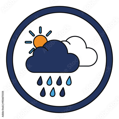 Weather icon with sun and rain cloud and raindrops in circle icon