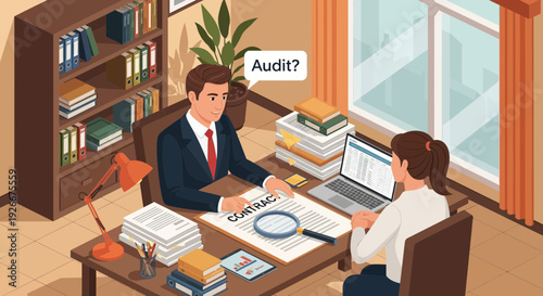 audit meeting, business people, contract review, financial analysis, office work