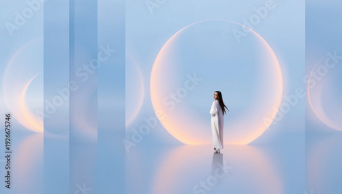 Foto Dreamlike poster woman standing before large glowing circular structure in soft blue reflective environment