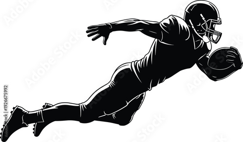  American football diving player illustration, athlete catching or carrying ball mid air, dynamic sports action vector for competition, training, and team design