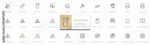 Modern cleaning and chemical products icon set in minimalist duotone line style. Instruction and warning symbol for safety, hygiene, storage and protection. Editable stroke, ISO, Vector Illustration