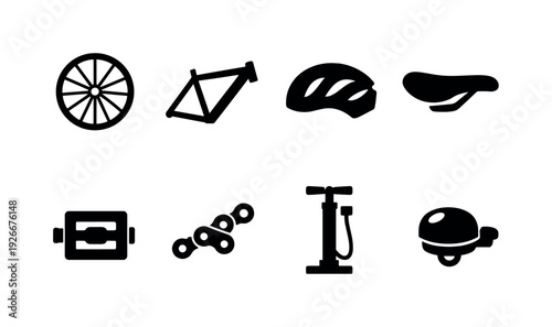 Bicycle parts: bicycle wheel, bicycle frame, bicycle helmet, bicycle saddle, bicycle pedal, bicycle chain, bicycle pump, bicycle bell