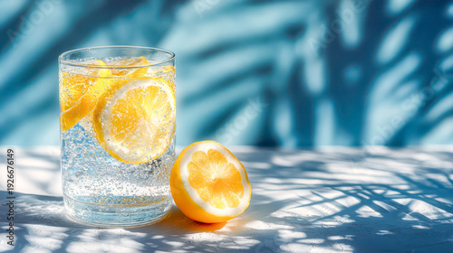 A glass of water with a slice of lemon in it. The glass is half full and the lemon slice is cut in half