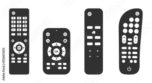 Three black remote controls with buttons displayed as a silhouette
