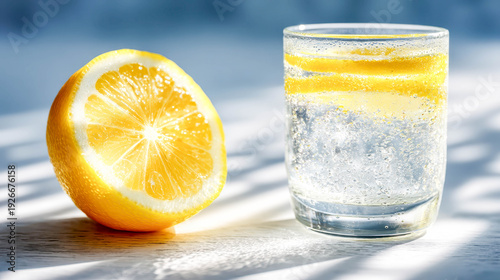 A glass of water with a slice of lemon in it. The lemon is cut in half and placed on a table