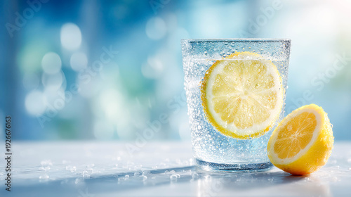 A glass of water with a lemon slice in it. The glass is half full and the lemon slice is cut in half
