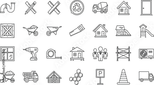 Construction and industrial icons set featuring building tools real estate housing architecture engineering equipment maintenance and home renovation site development