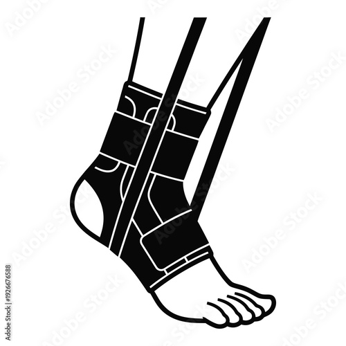 Black and white illustration of ankle brace on a foot  medical support icon
