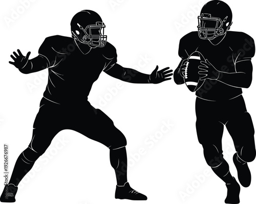  American football players silhouette vector illustration, quarterback running with ball and defender in action pose isolated on white background, sports competition concept